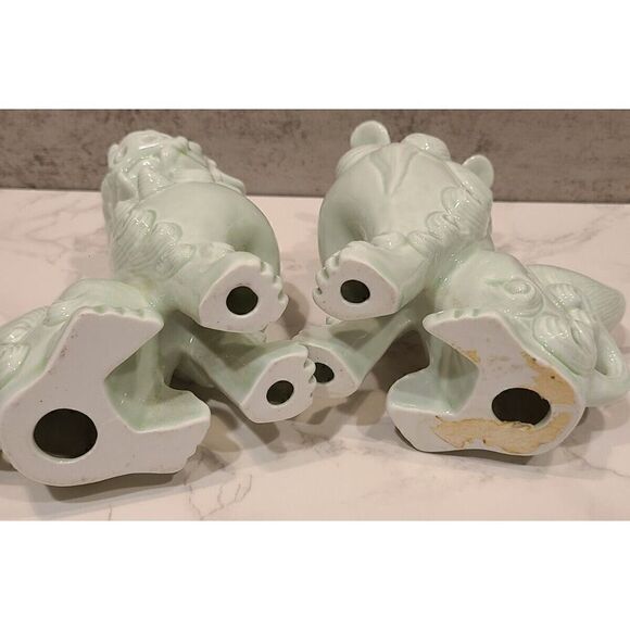 Foo Dogs 6" Green Wash Porcelain Shishi Figurines Vintage Set of 2 Komainu EUC - Picture 14 of 15